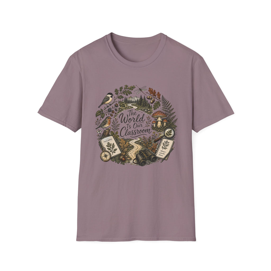 The World Is Our Classroom homeschool mom graphic t-shirt with an adventurous homeschool graphic with nature, books, and outdoor learning energy