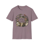 The World Is Our Classroom homeschool mom graphic t-shirt with an adventurous homeschool graphic with nature, books, and outdoor learning energy