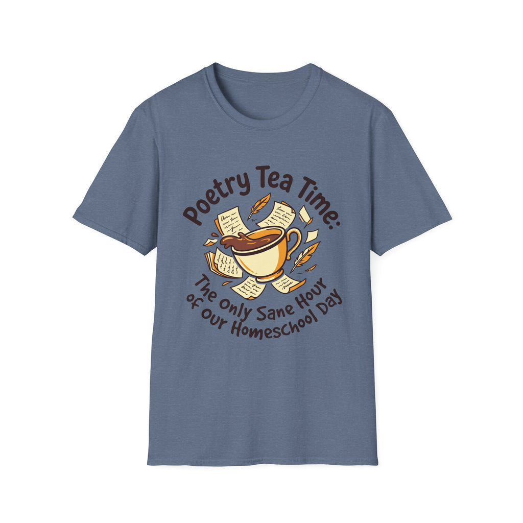 Poetry Tea Time homeschool mom graphic t-shirt with a cozy poetry teatime graphic with tea, books, and vintage homeschool charm