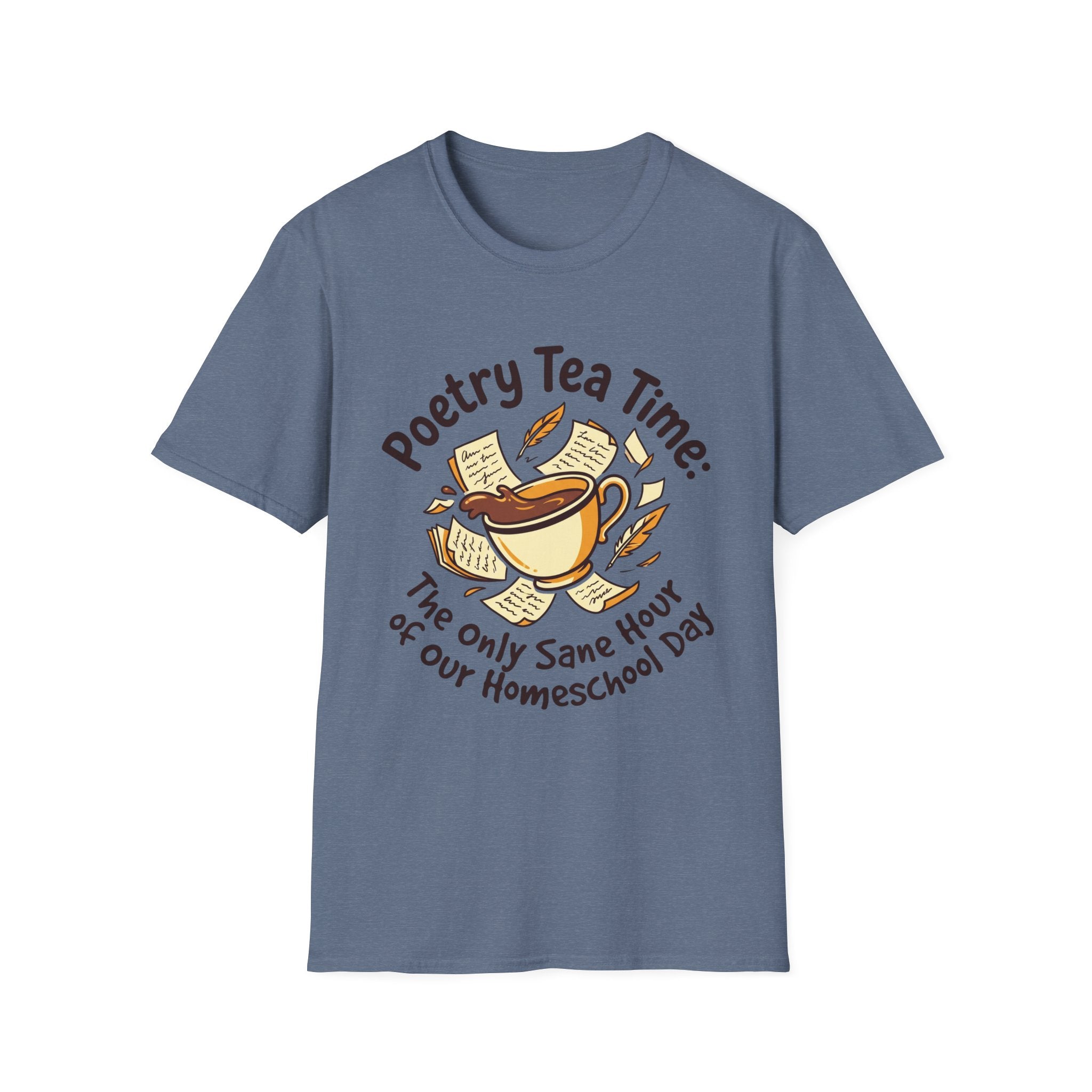 Poetry Tea Time homeschool mom graphic t-shirt with a cozy poetry teatime graphic with tea, books, and vintage homeschool charm