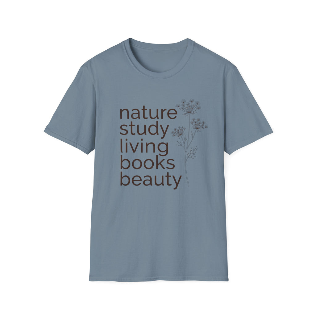 Nature Study, Living Books, Beauty homeschool mom graphic t-shirt with a faith-filled homeschool design with gentle lettering and classic illustrative details