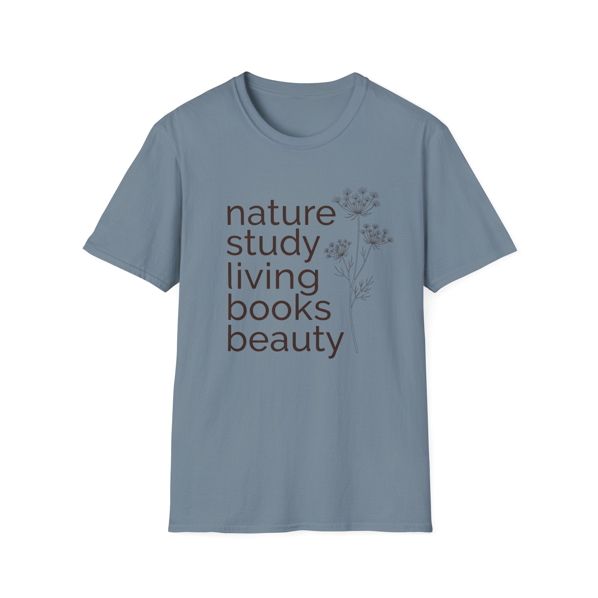 Nature Study, Living Books, Beauty homeschool mom graphic t-shirt with a faith-filled homeschool design with gentle lettering and classic illustrative details
