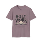 Holy Work Lesson By Lesson homeschool mom graphic t-shirt with a faith-filled homeschool design with gentle lettering and classic illustrative details