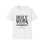 Holy Work Lesson By Lesson homeschool mom graphic t-shirt with a faith-filled homeschool design with gentle lettering and classic illustrative details
