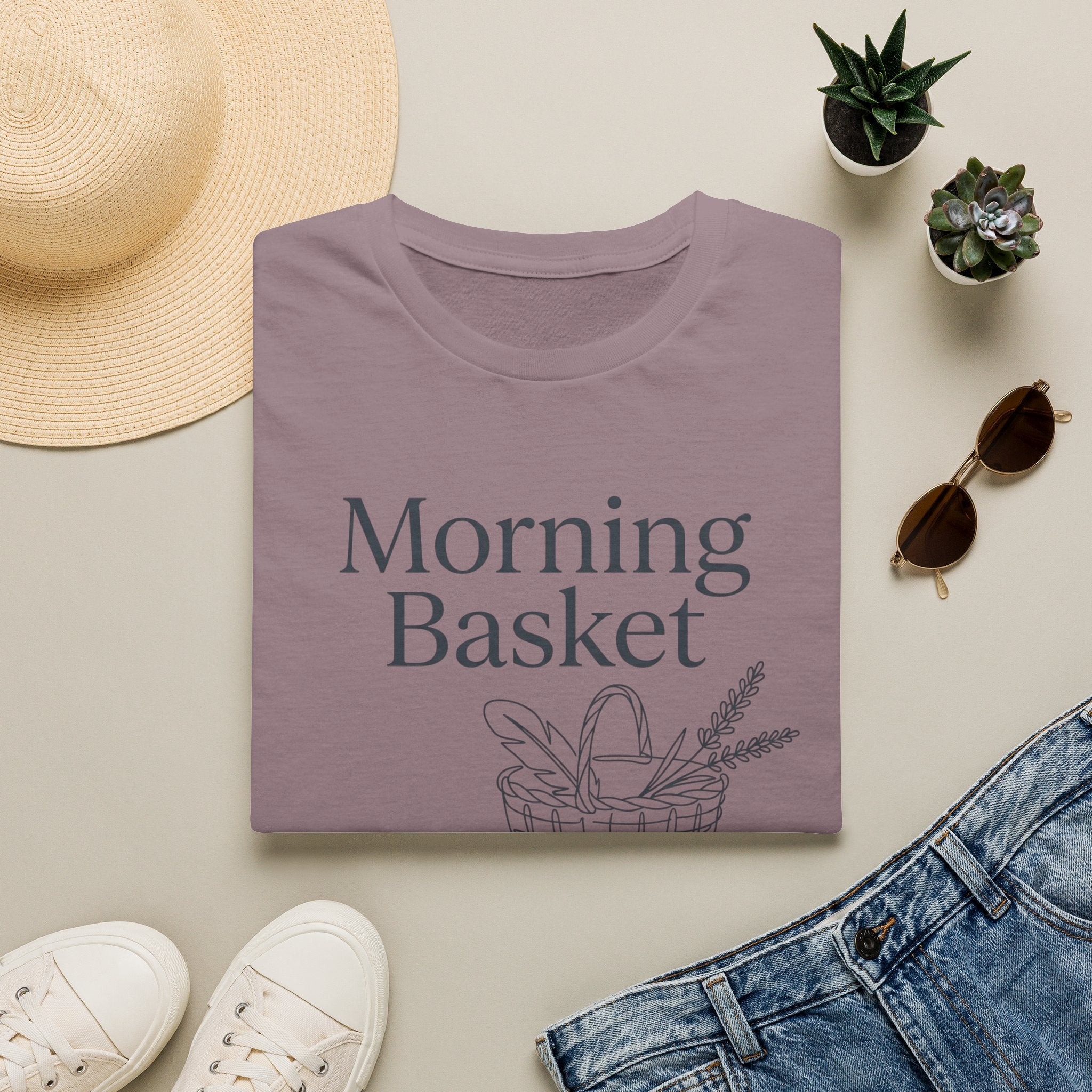 Morning Basket homeschool mom graphic t-shirt with a cozy morning basket-inspired design with books, gentle details, and home learning charm