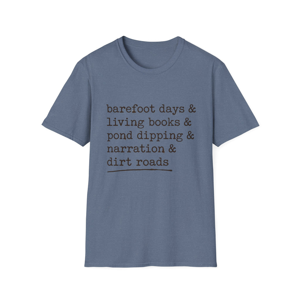 Barefoot Days Check List homeschool mom graphic t-shirt with a playful checklist-style homeschool graphic with bookish and nature-inspired details