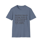 Barefoot Days Check List homeschool mom graphic t-shirt with a playful checklist-style homeschool graphic with bookish and nature-inspired details