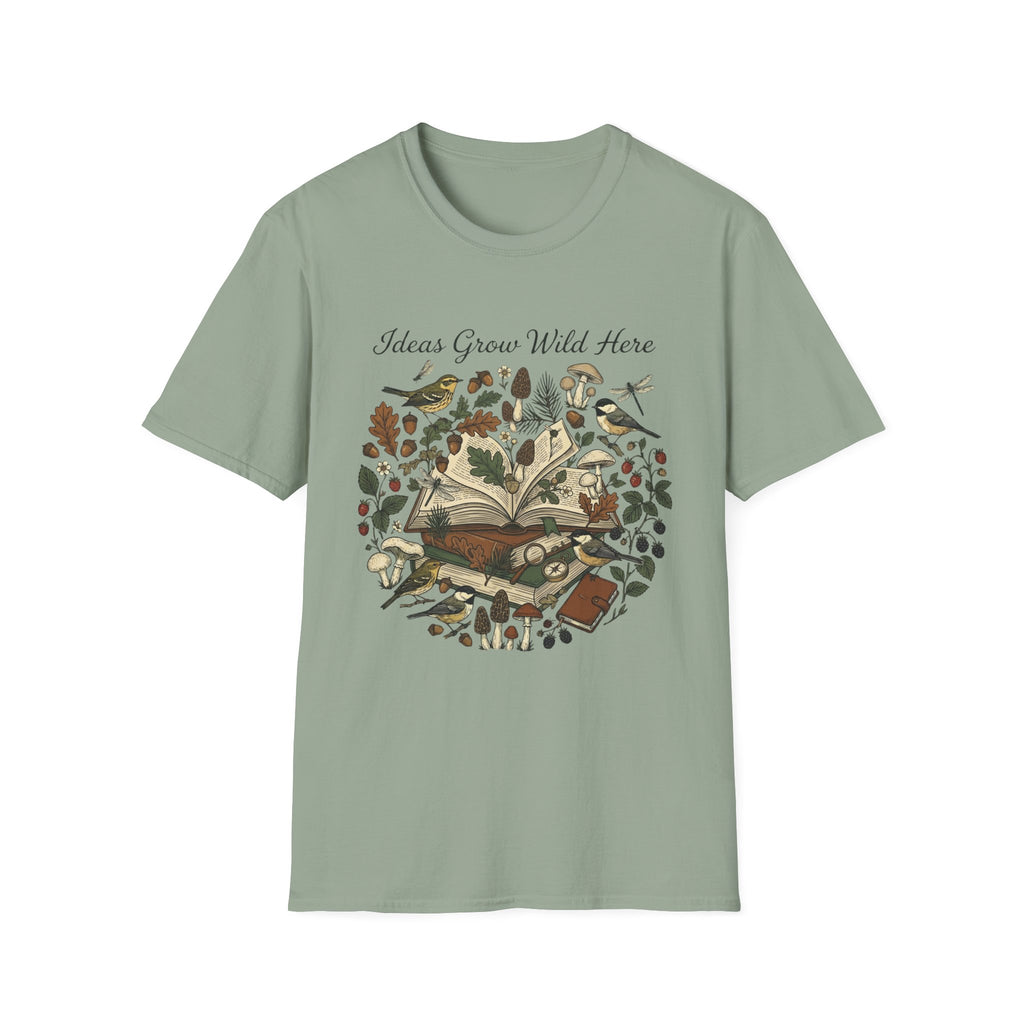 Ideas Grow Wild Here homeschool mom graphic t-shirt with an adventurous homeschool graphic with nature, books, and outdoor learning energy