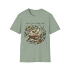 Ideas Grow Wild Here homeschool mom graphic t-shirt with an adventurous homeschool graphic with nature, books, and outdoor learning energy