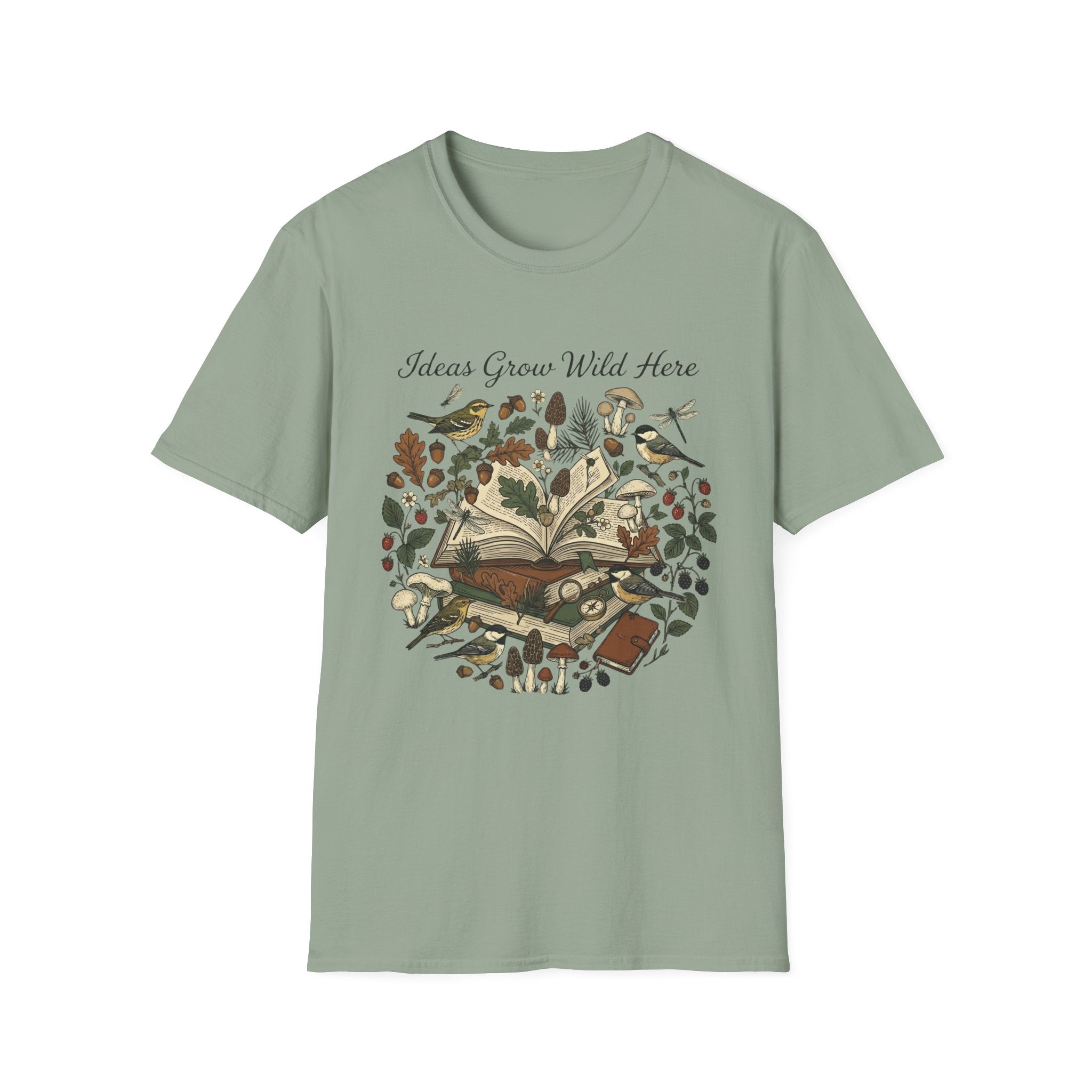 Ideas Grow Wild Here homeschool mom graphic t-shirt with an adventurous homeschool graphic with nature, books, and outdoor learning energy