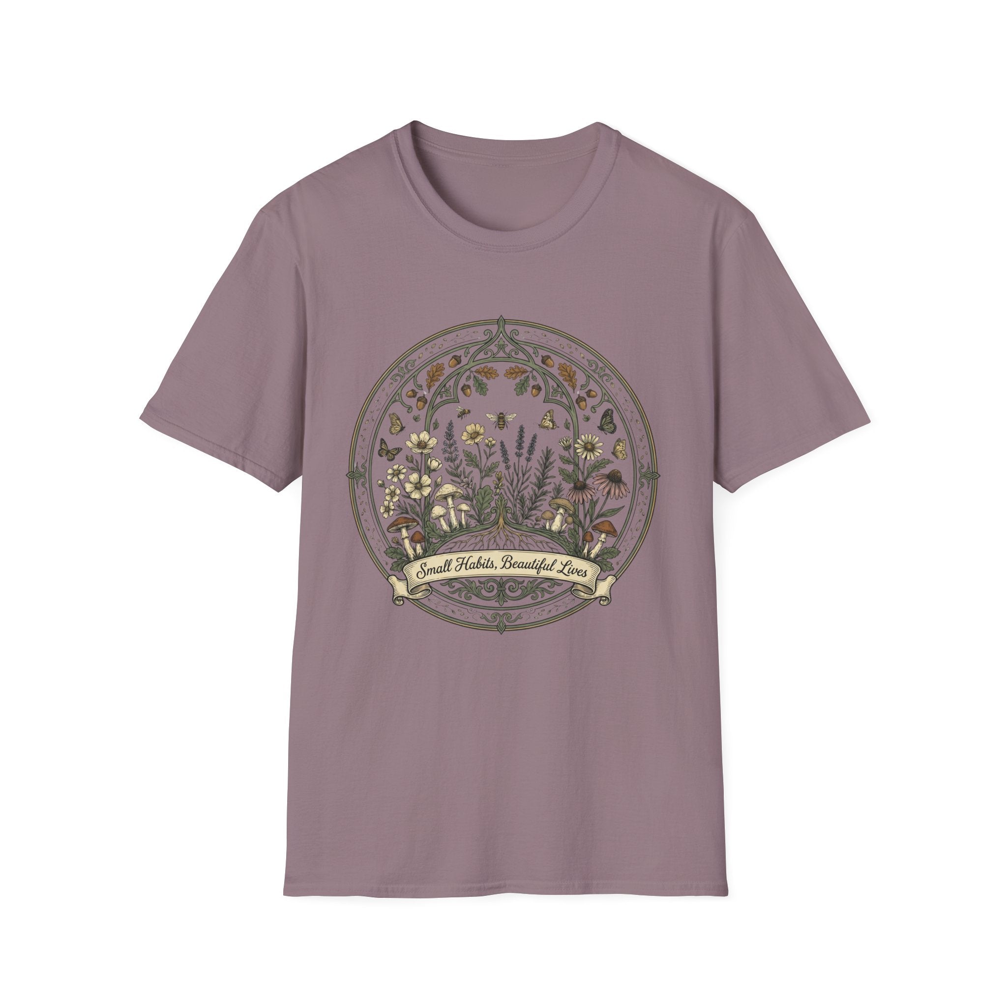 Small Habits Beautiful Lives homeschool mom graphic t-shirt with a warm homeschool-inspired graphic with thoughtful lettering