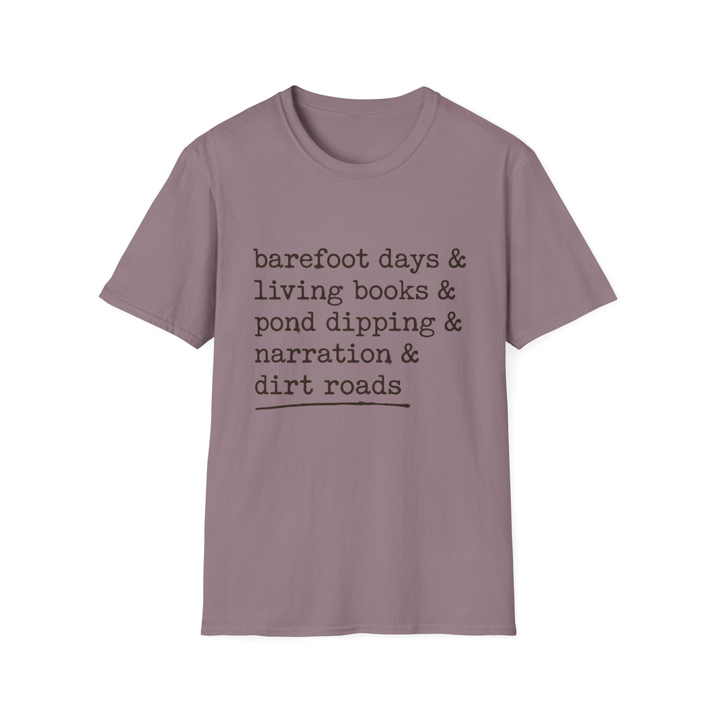 Barefoot Days Check List homeschool mom graphic t-shirt with a playful checklist-style homeschool graphic with bookish and nature-inspired details