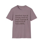 Barefoot Days Check List homeschool mom graphic t-shirt with a playful checklist-style homeschool graphic with bookish and nature-inspired details