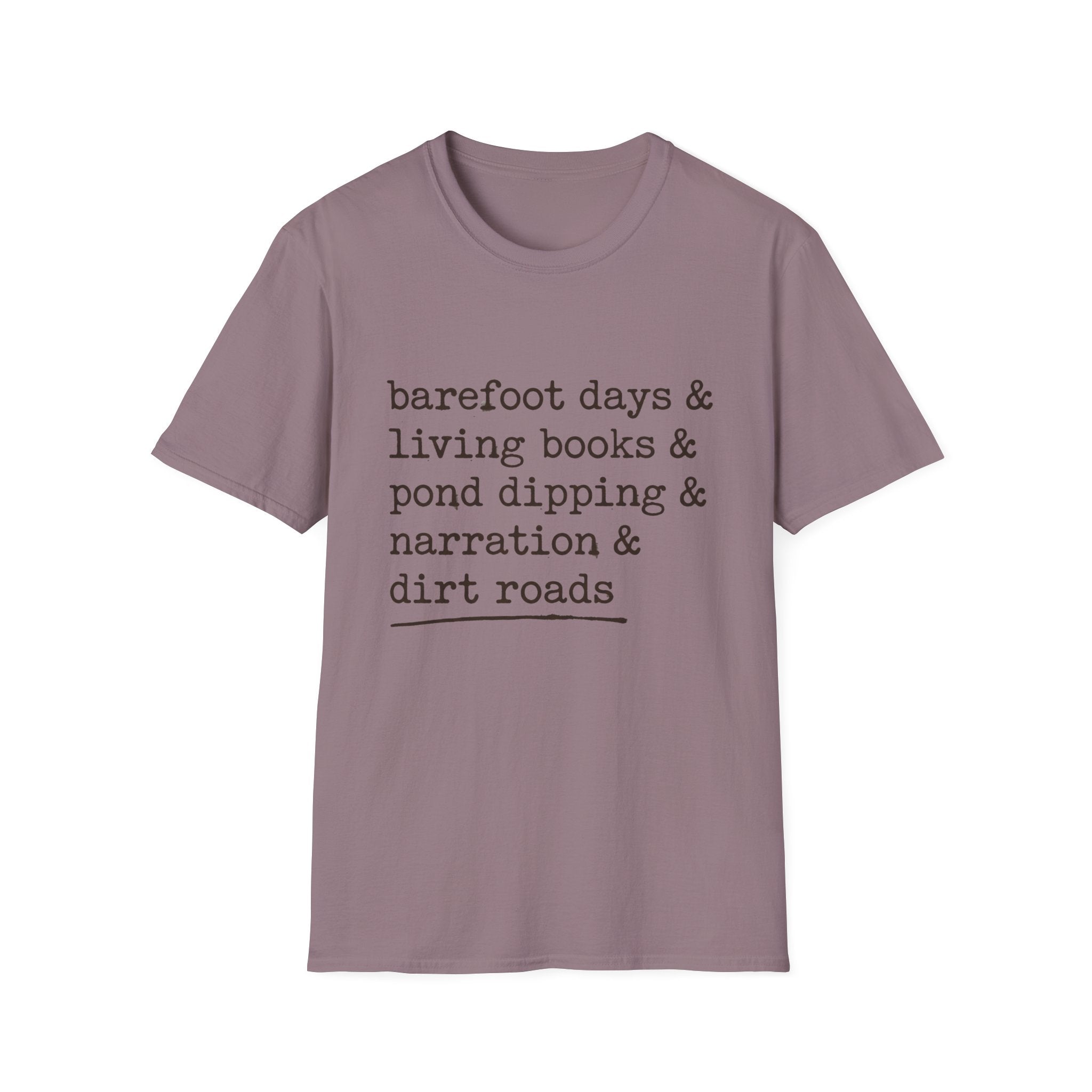 Barefoot Days Check List homeschool mom graphic t-shirt with a playful checklist-style homeschool graphic with bookish and nature-inspired details
