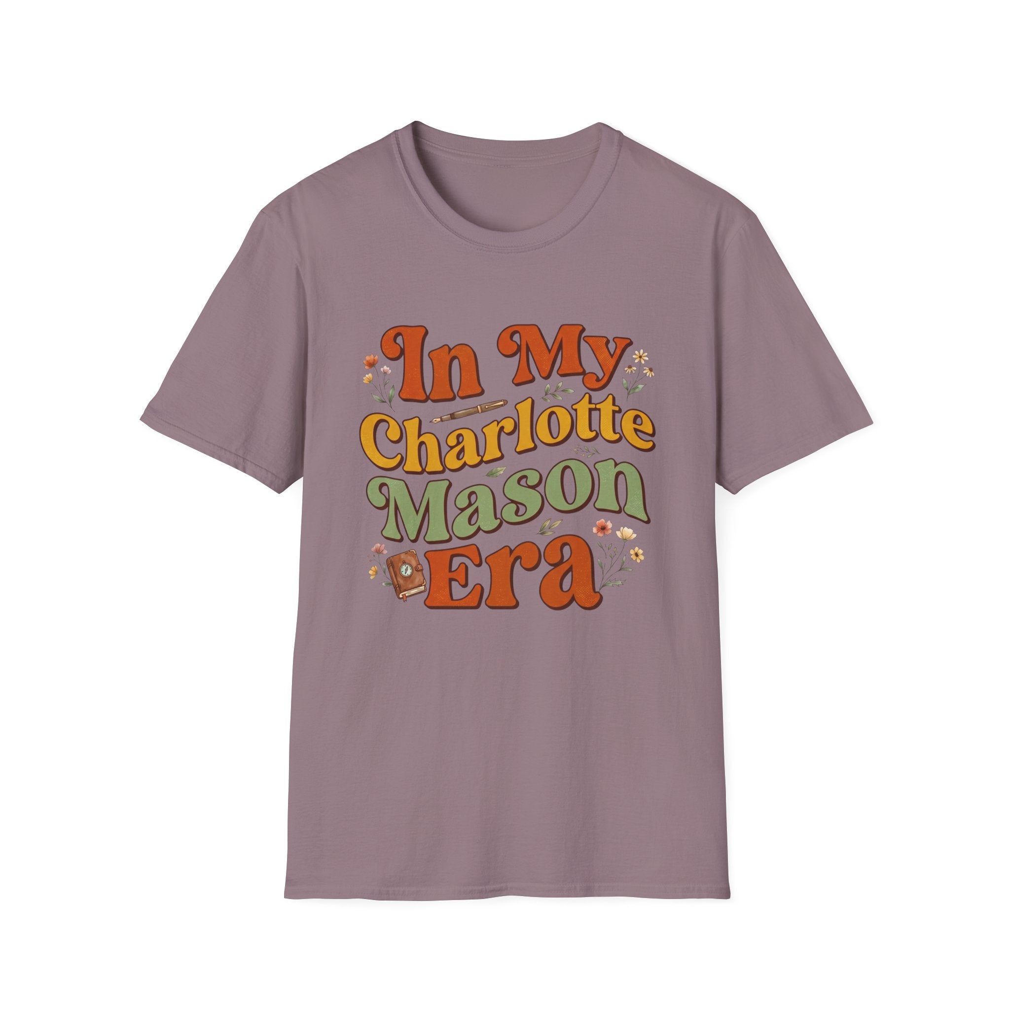 In My Charlotte Mason Era homeschool mom graphic t-shirt with a Charlotte Mason-inspired design with books, nature details, and vintage homeschool charm