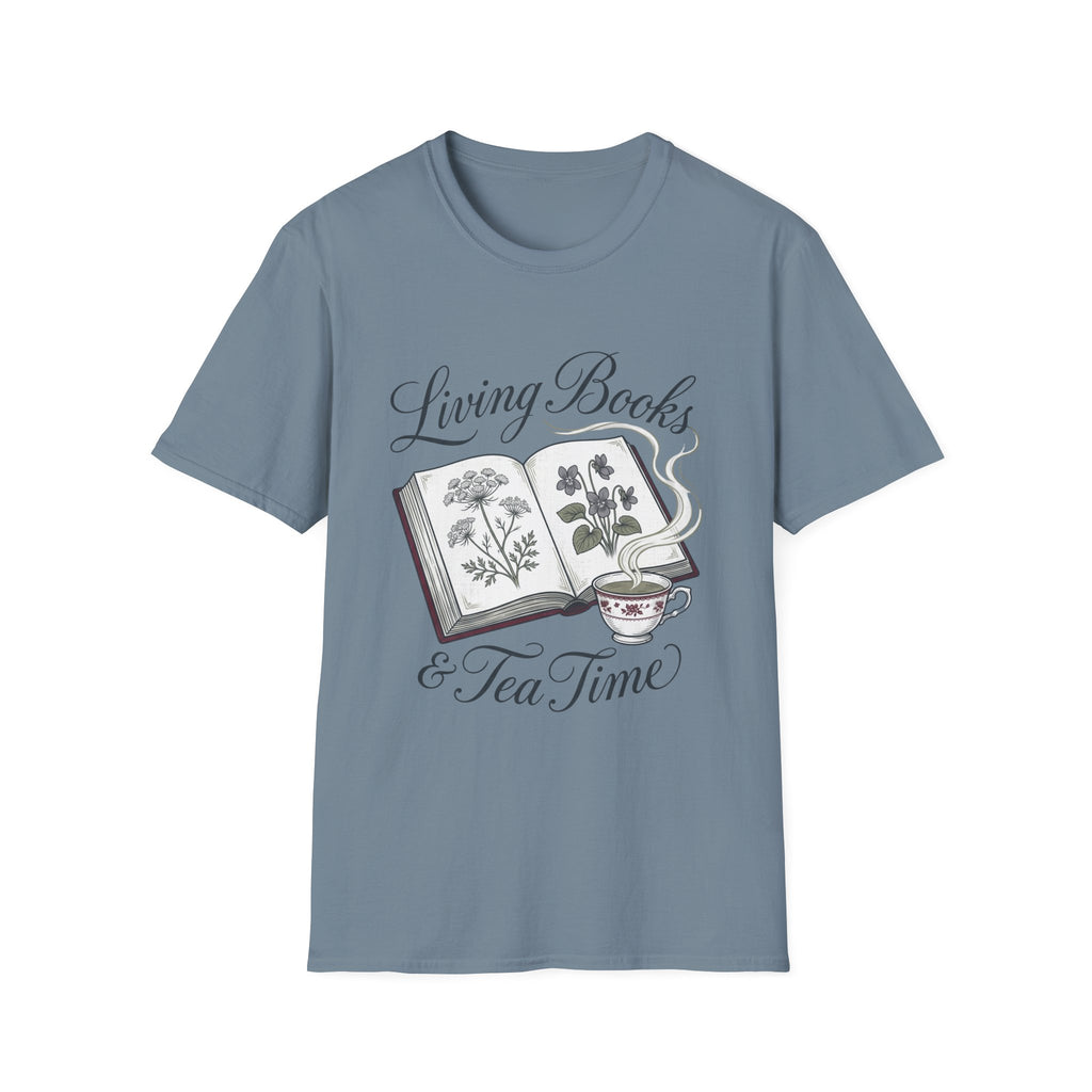 Living Books & Tea Time homeschool mom graphic t-shirt with a Charlotte Mason-inspired design with books, nature details, and vintage homeschool charm