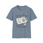 Living Books & Tea Time homeschool mom graphic t-shirt with a Charlotte Mason-inspired design with books, nature details, and vintage homeschool charm