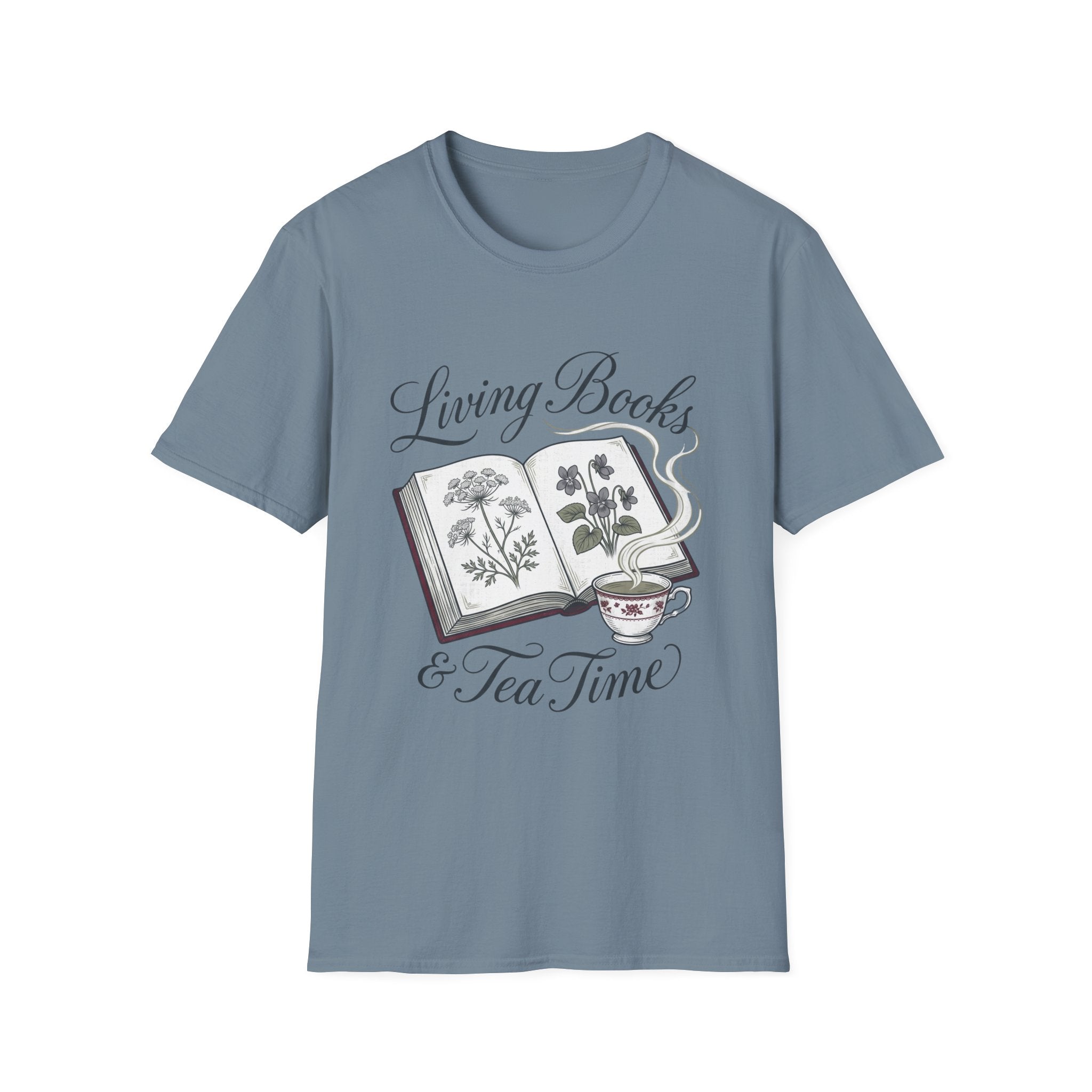 Living Books & Tea Time homeschool mom graphic t-shirt with a Charlotte Mason-inspired design with books, nature details, and vintage homeschool charm