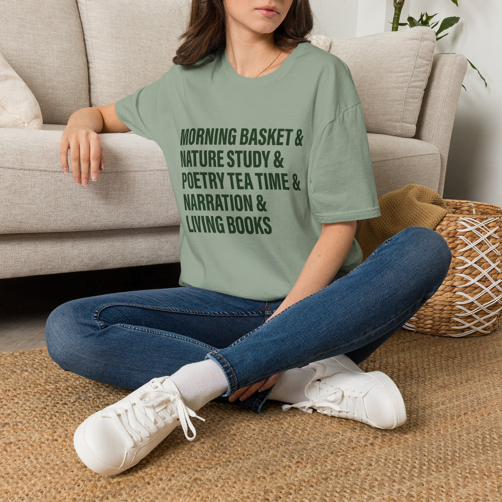 Narration Check List homeschool mom graphic t-shirt with a playful checklist-style homeschool graphic with bookish and nature-inspired details