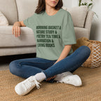 Narration Check List homeschool mom graphic t-shirt with a playful checklist-style homeschool graphic with bookish and nature-inspired details