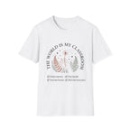 The World Is My Classroom homeschool mom graphic t-shirt with an adventurous homeschool graphic with nature, books, and outdoor learning energy