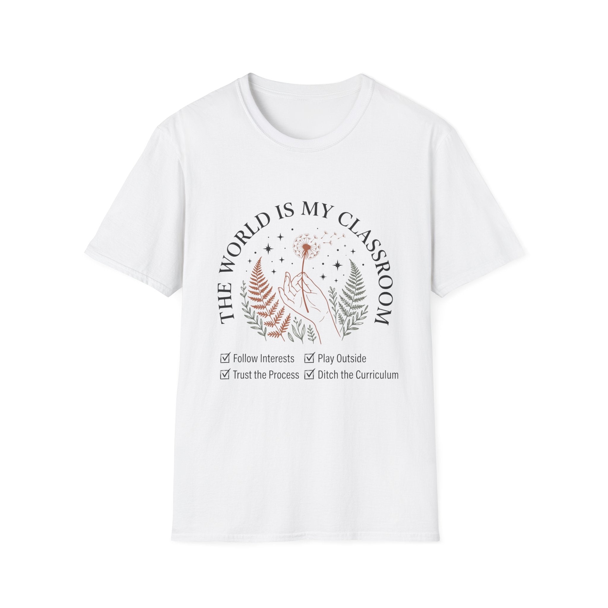The World Is My Classroom homeschool mom graphic t-shirt with an adventurous homeschool graphic with nature, books, and outdoor learning energy