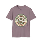 Nature Study Society homeschool mom graphic t-shirt with a Charlotte Mason-inspired design with books, nature details, and vintage homeschool charm