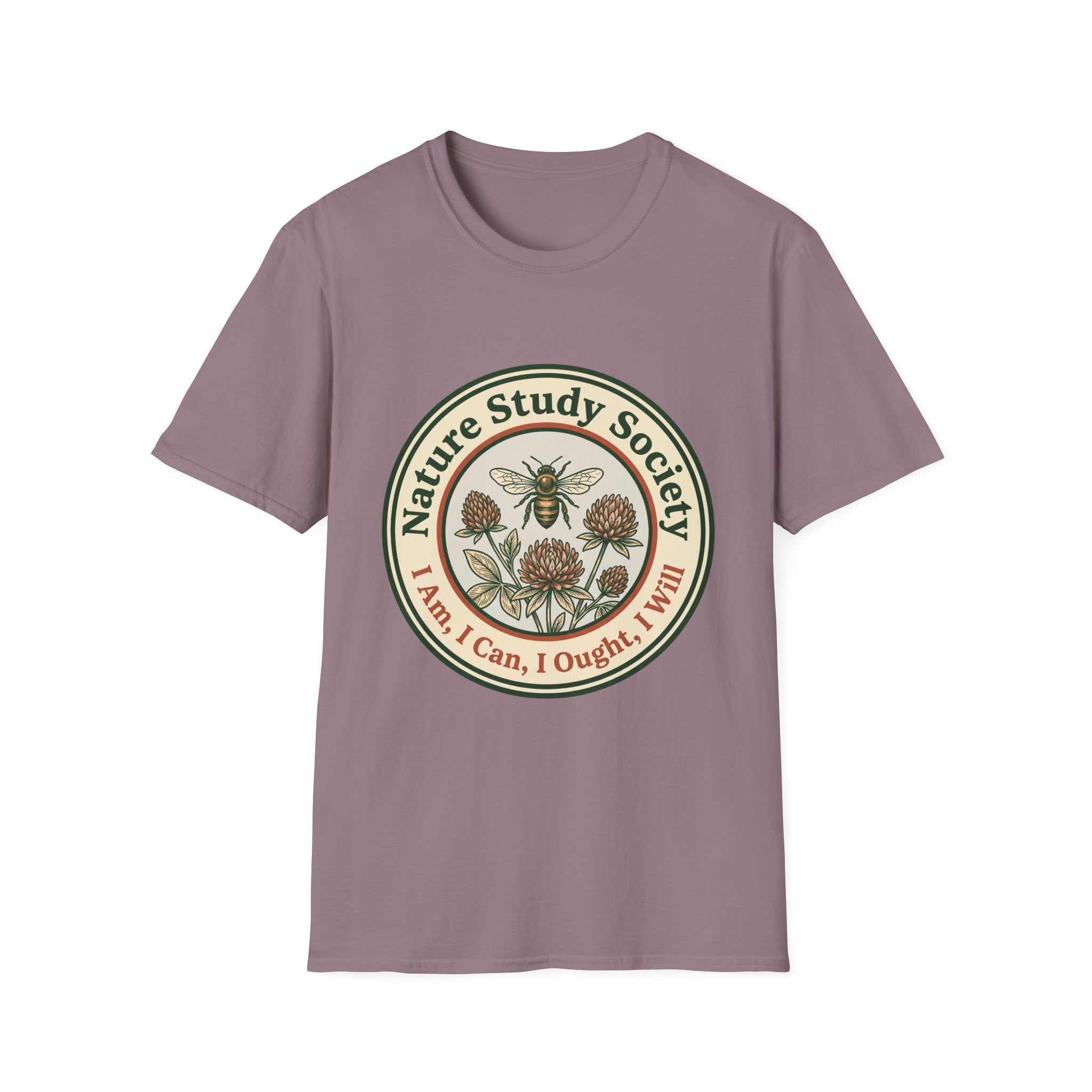 Nature Study Society homeschool mom graphic t-shirt with a Charlotte Mason-inspired design with books, nature details, and vintage homeschool charm
