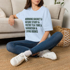 Narration Check List homeschool mom graphic t-shirt with a playful checklist-style homeschool graphic with bookish and nature-inspired details