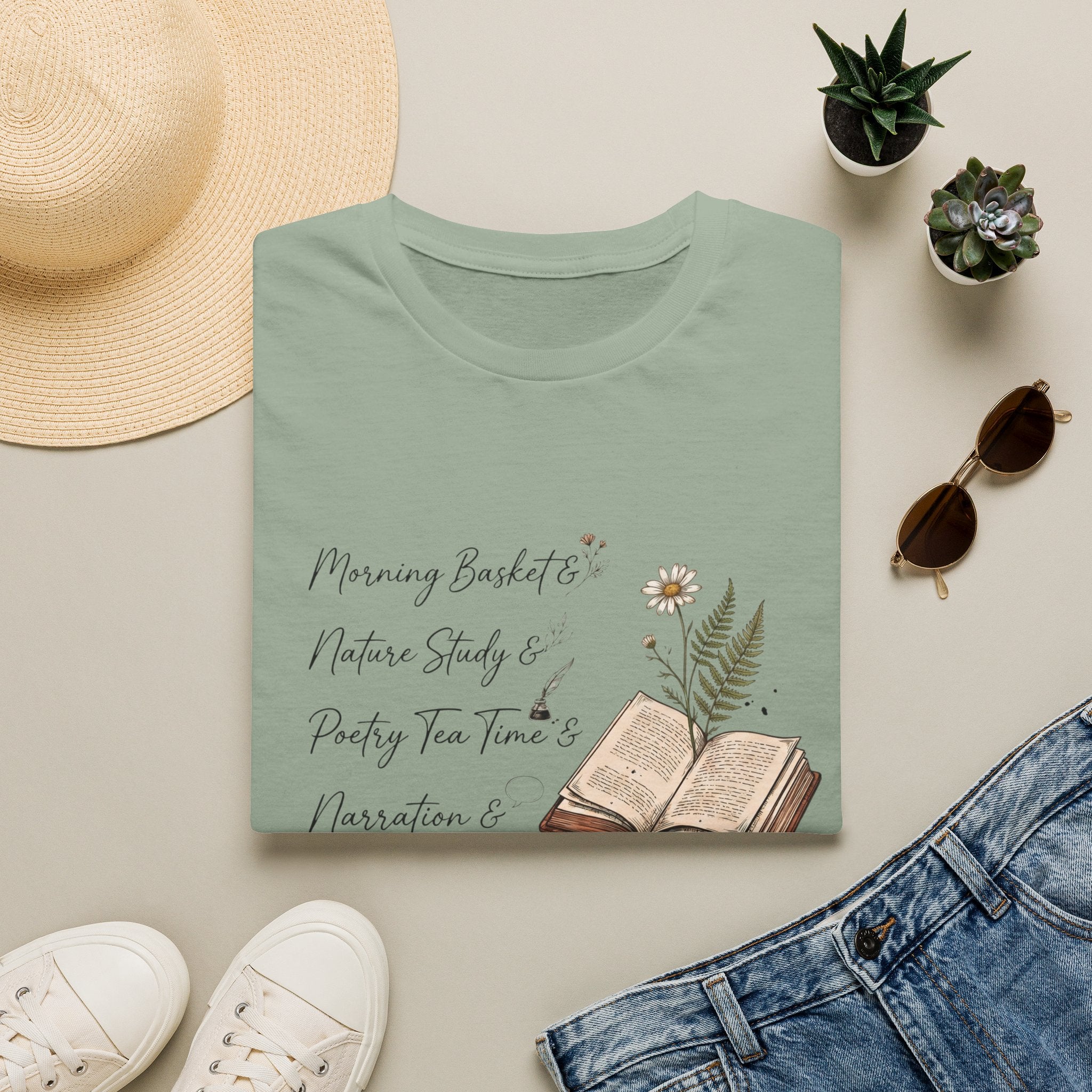 CM Homeschool Check List homeschool mom graphic t-shirt with a playful checklist-style homeschool graphic with bookish and nature-inspired details