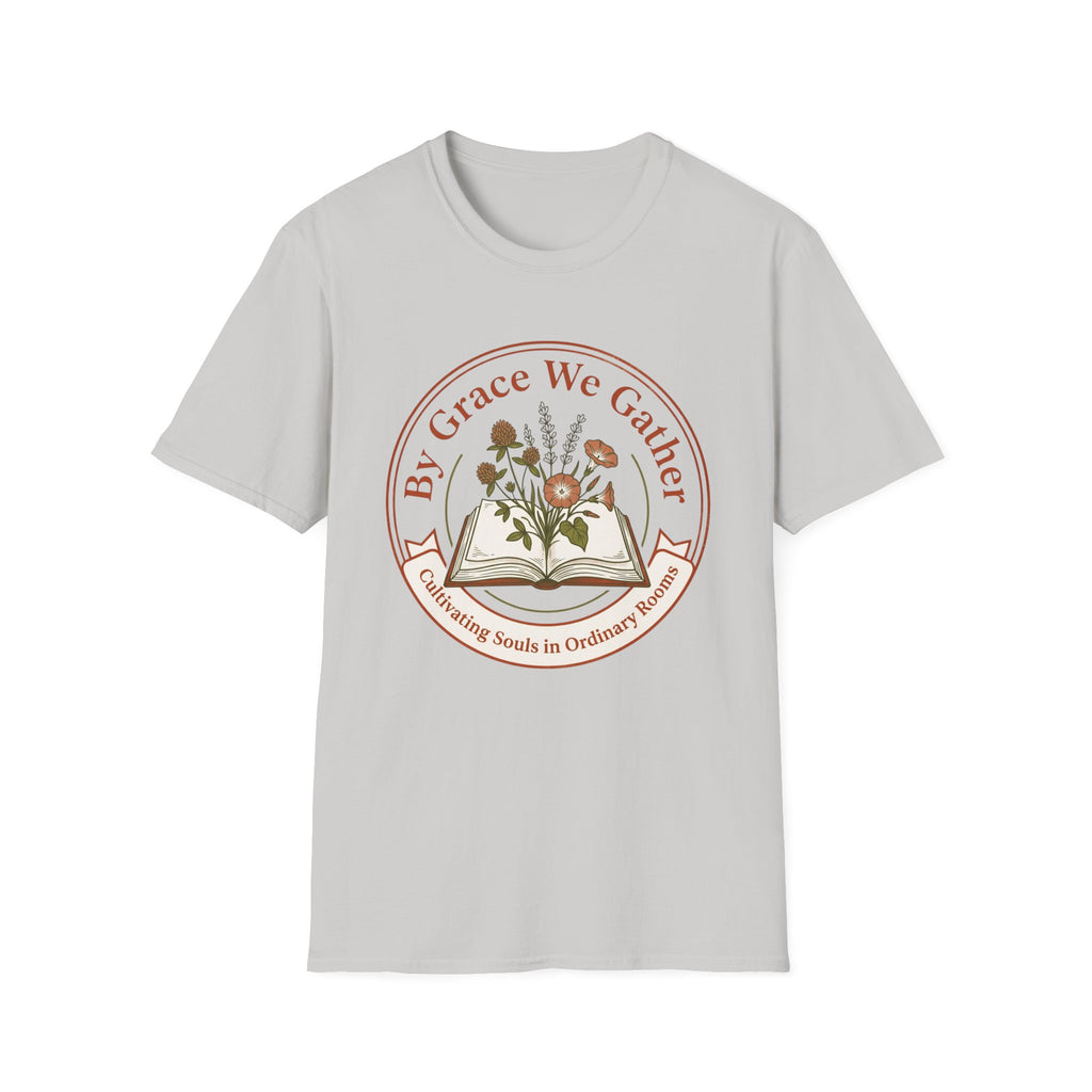 By Grace homeschool mom graphic t-shirt with a faith-filled homeschool design with gentle lettering and classic illustrative details