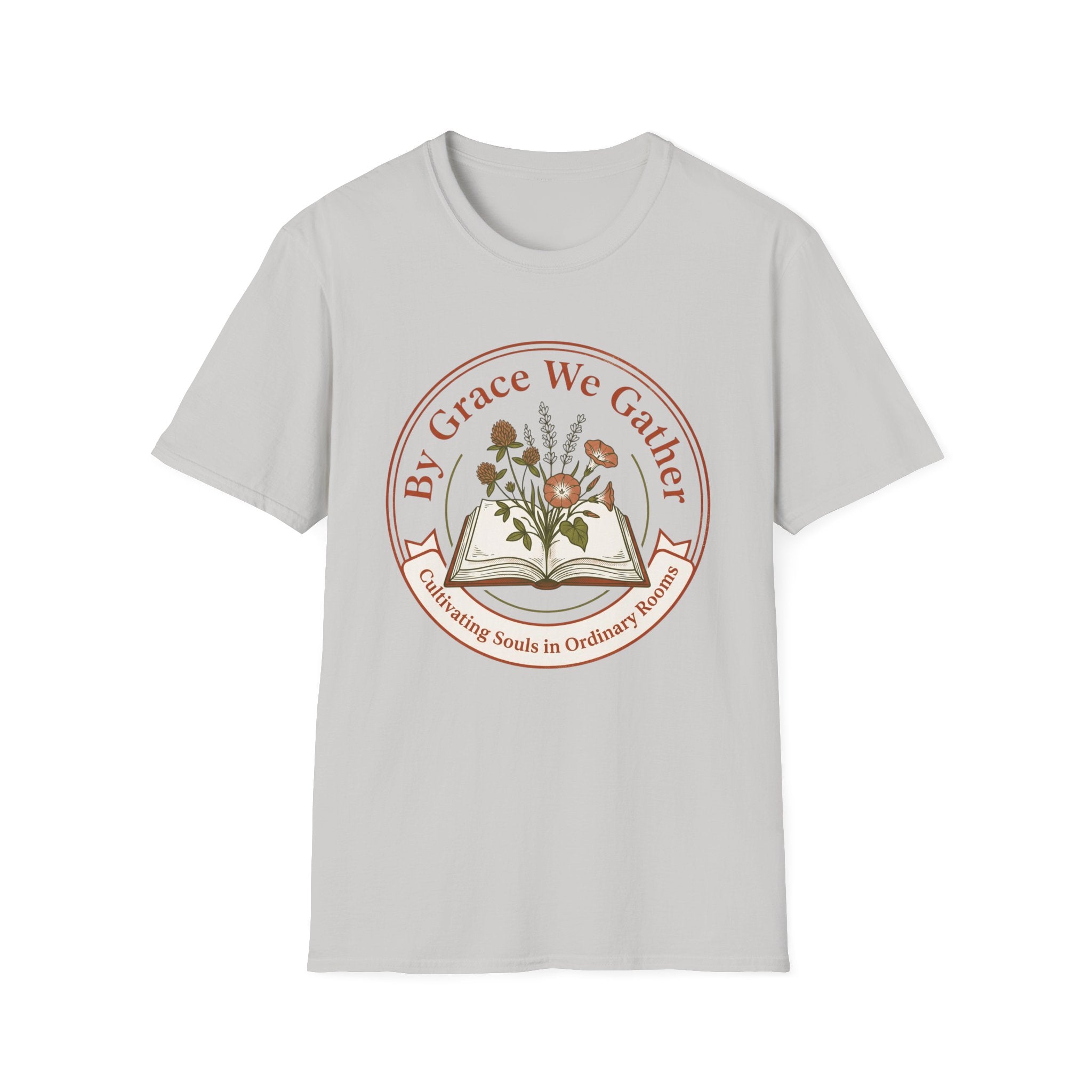 By Grace homeschool mom graphic t-shirt with a faith-filled homeschool design with gentle lettering and classic illustrative details
