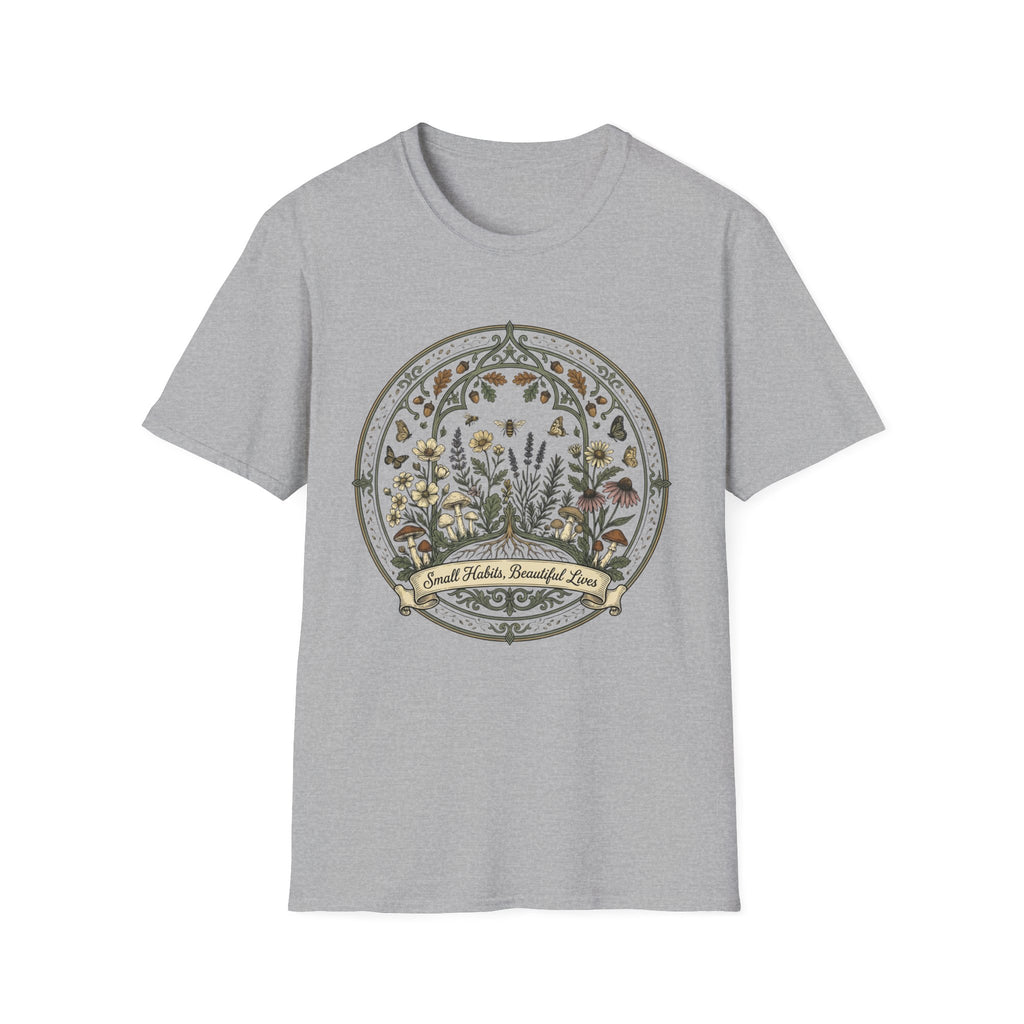 Small Habits Beautiful Lives homeschool mom graphic t-shirt with a warm homeschool-inspired graphic with thoughtful lettering