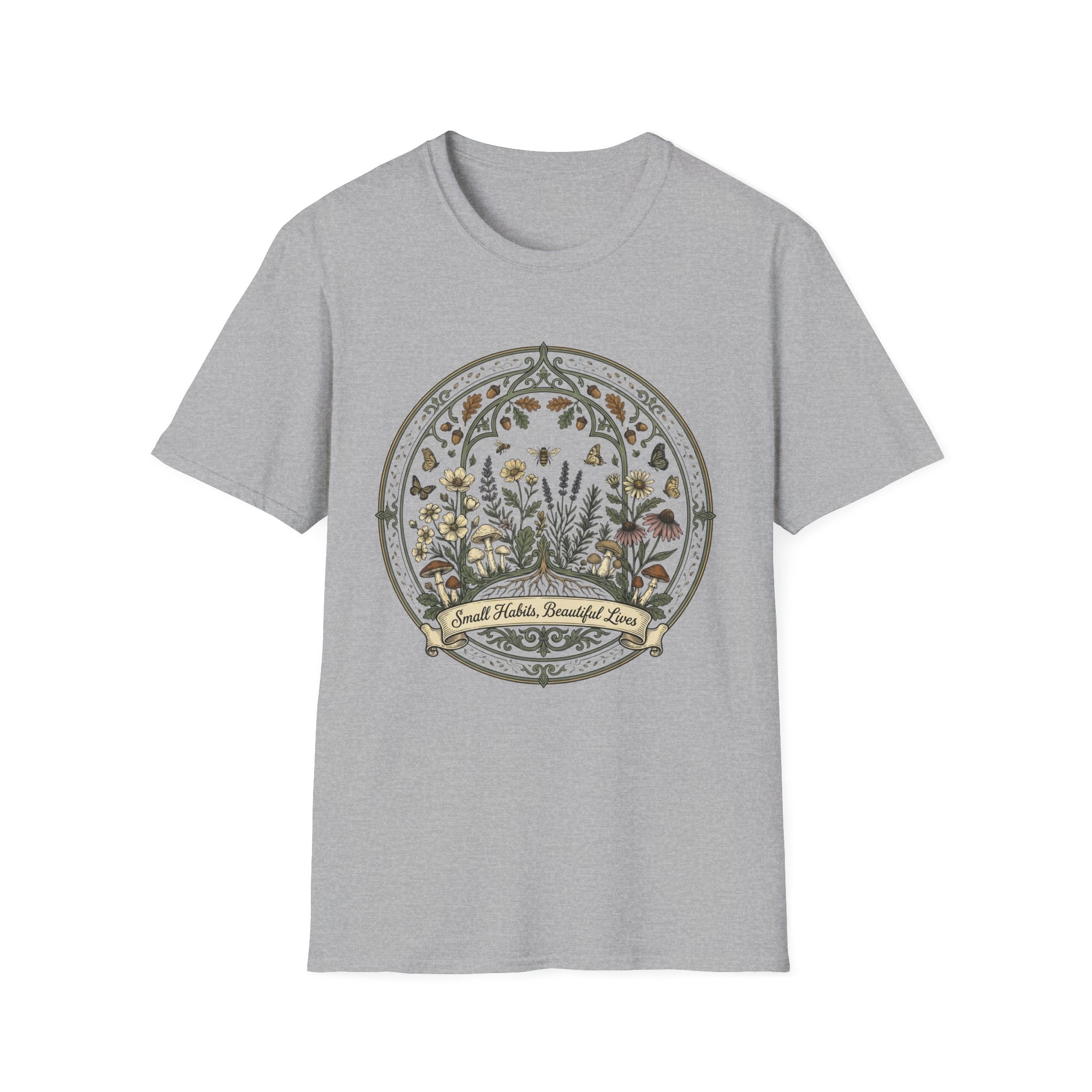 Small Habits Beautiful Lives homeschool mom graphic t-shirt with a warm homeschool-inspired graphic with thoughtful lettering
