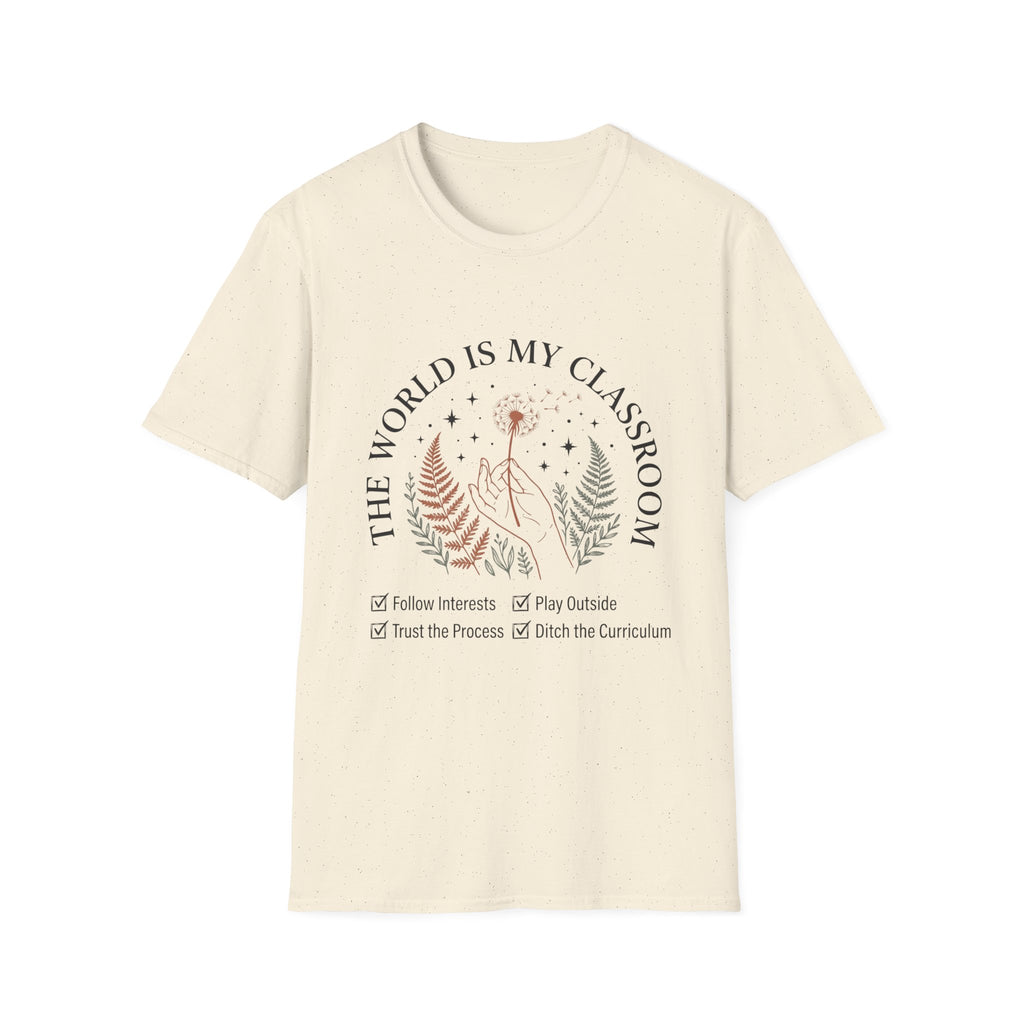 The World Is My Classroom homeschool mom graphic t-shirt with an adventurous homeschool graphic with nature, books, and outdoor learning energy