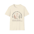 The World Is My Classroom homeschool mom graphic t-shirt with an adventurous homeschool graphic with nature, books, and outdoor learning energy