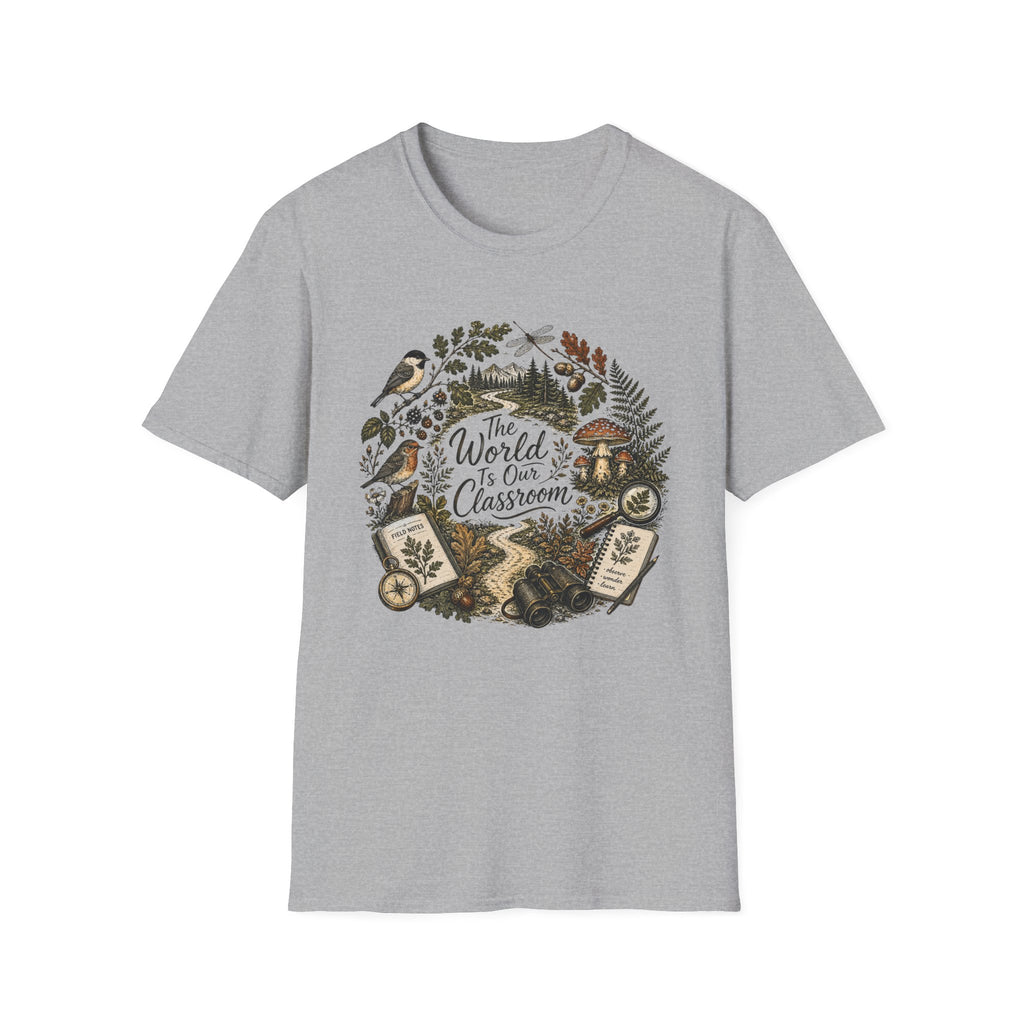 The World Is Our Classroom homeschool mom graphic t-shirt with an adventurous homeschool graphic with nature, books, and outdoor learning energy