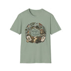 The World Is Our Classroom homeschool mom graphic t-shirt with an adventurous homeschool graphic with nature, books, and outdoor learning energy