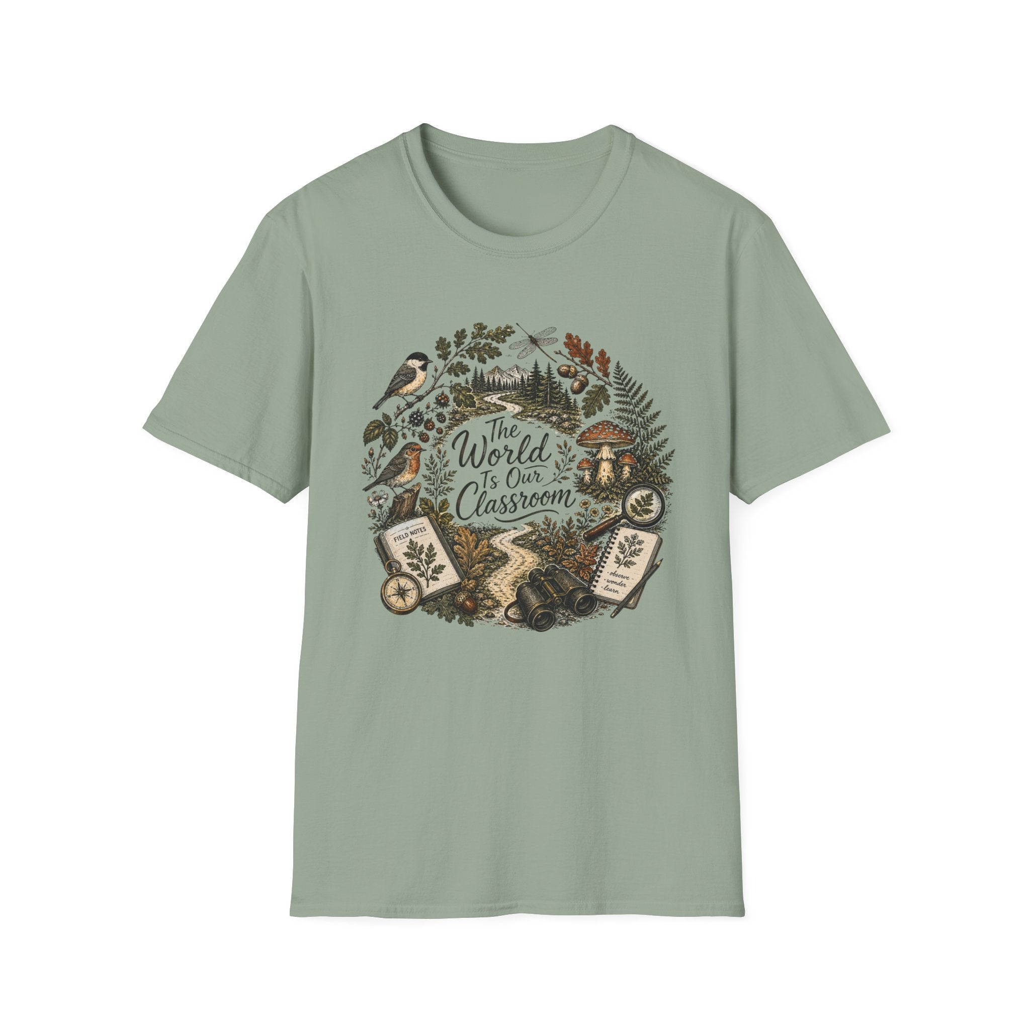 The World Is Our Classroom homeschool mom graphic t-shirt with an adventurous homeschool graphic with nature, books, and outdoor learning energy