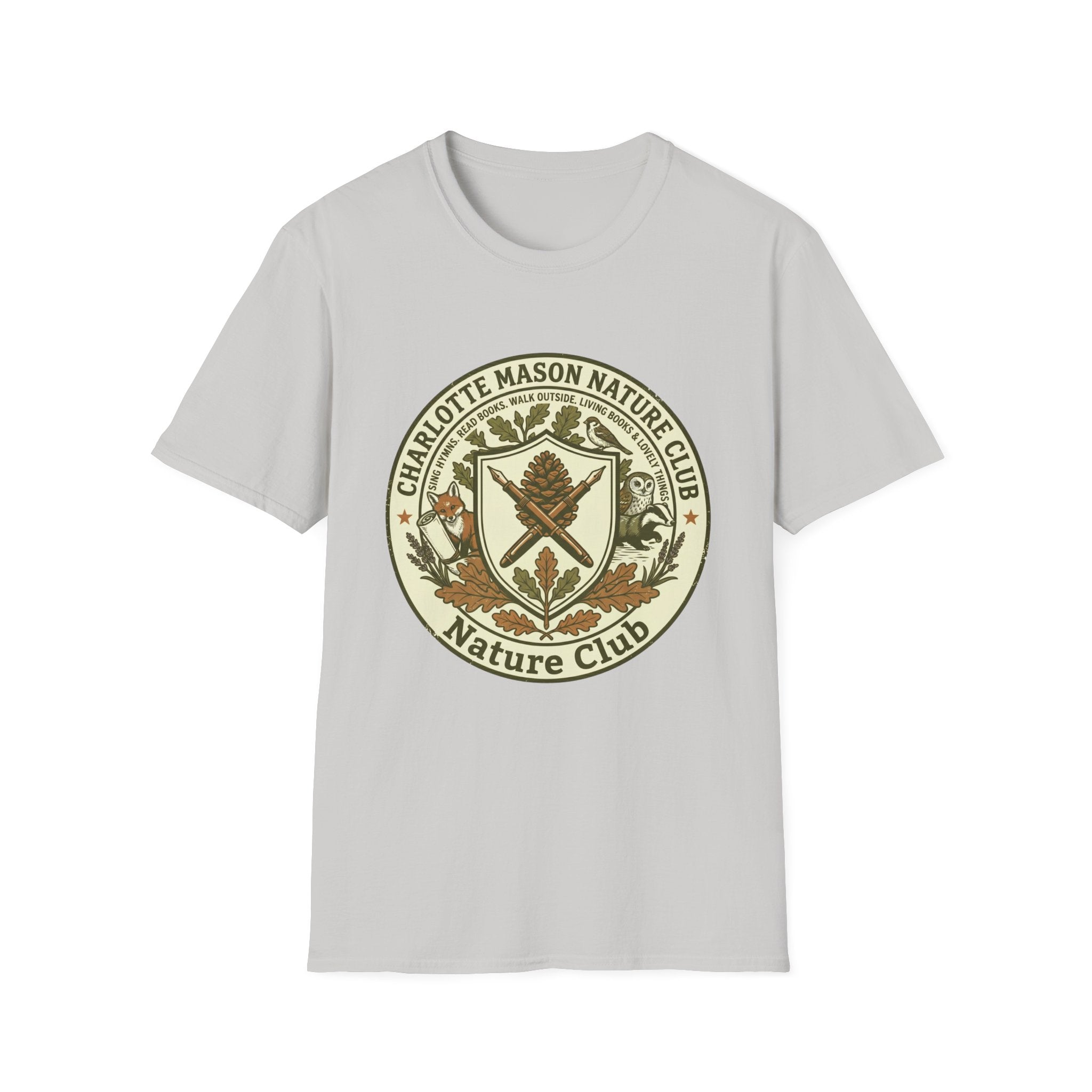 Charlotte Mason Nature Club homeschool mom graphic t-shirt with a Charlotte Mason-inspired design with books, nature details, and vintage homeschool charm