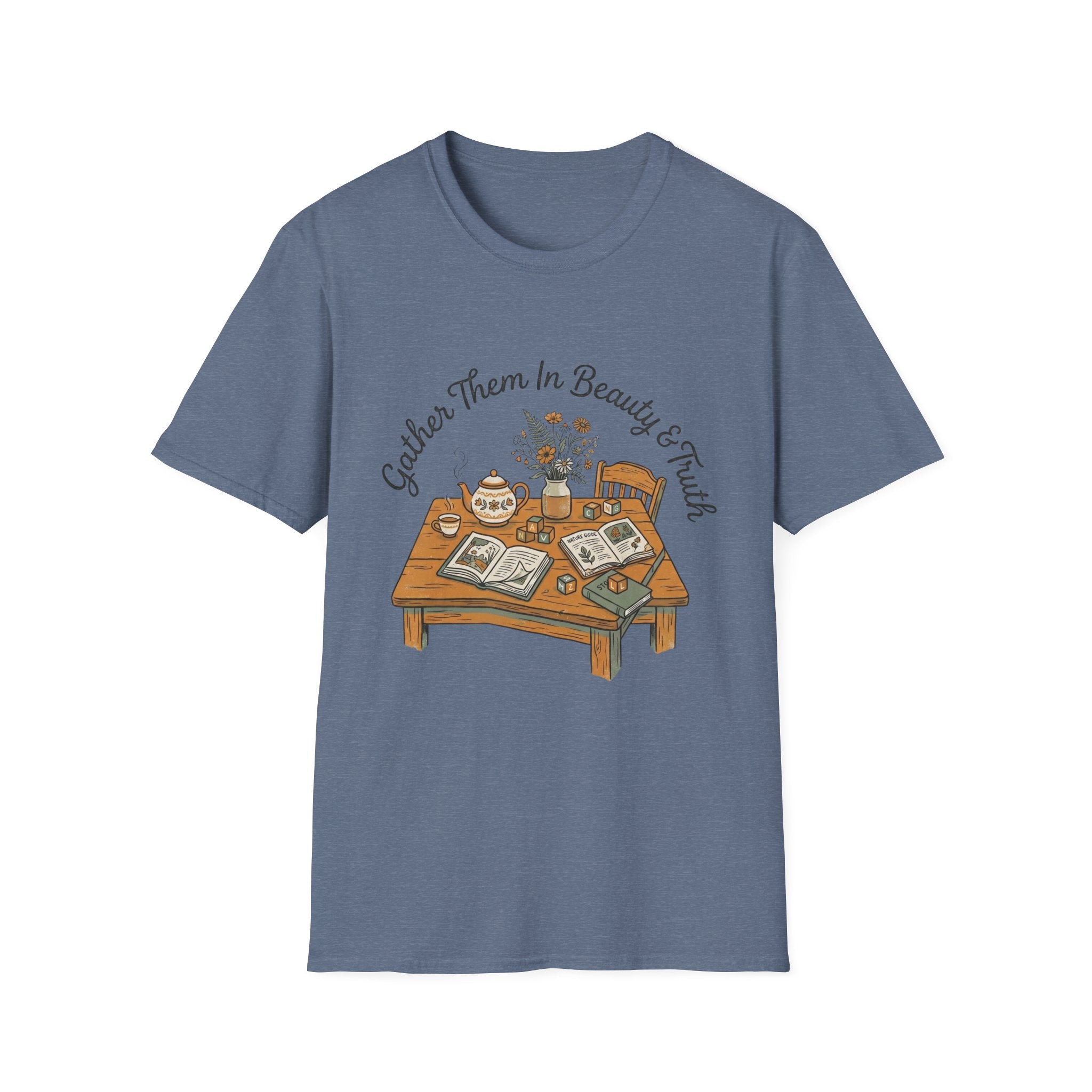 Gather Them In Beauty homeschool mom graphic t-shirt with a gathered-at-home inspired graphic with books, florals, and cozy family learning details