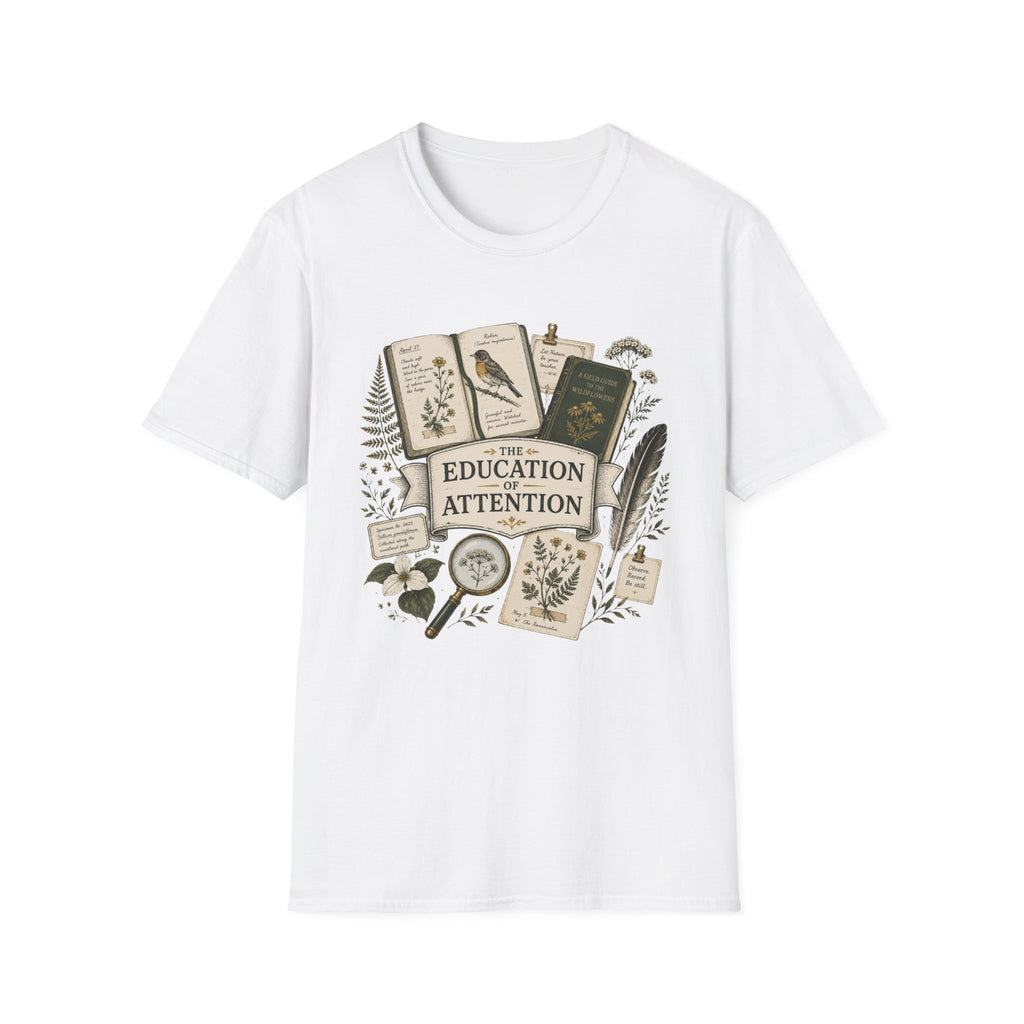 The Education Of Attention homeschool mom graphic t-shirt with a Charlotte Mason-inspired design with books, nature details, and vintage homeschool charm