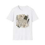 The Education Of Attention homeschool mom graphic t-shirt with a Charlotte Mason-inspired design with books, nature details, and vintage homeschool charm