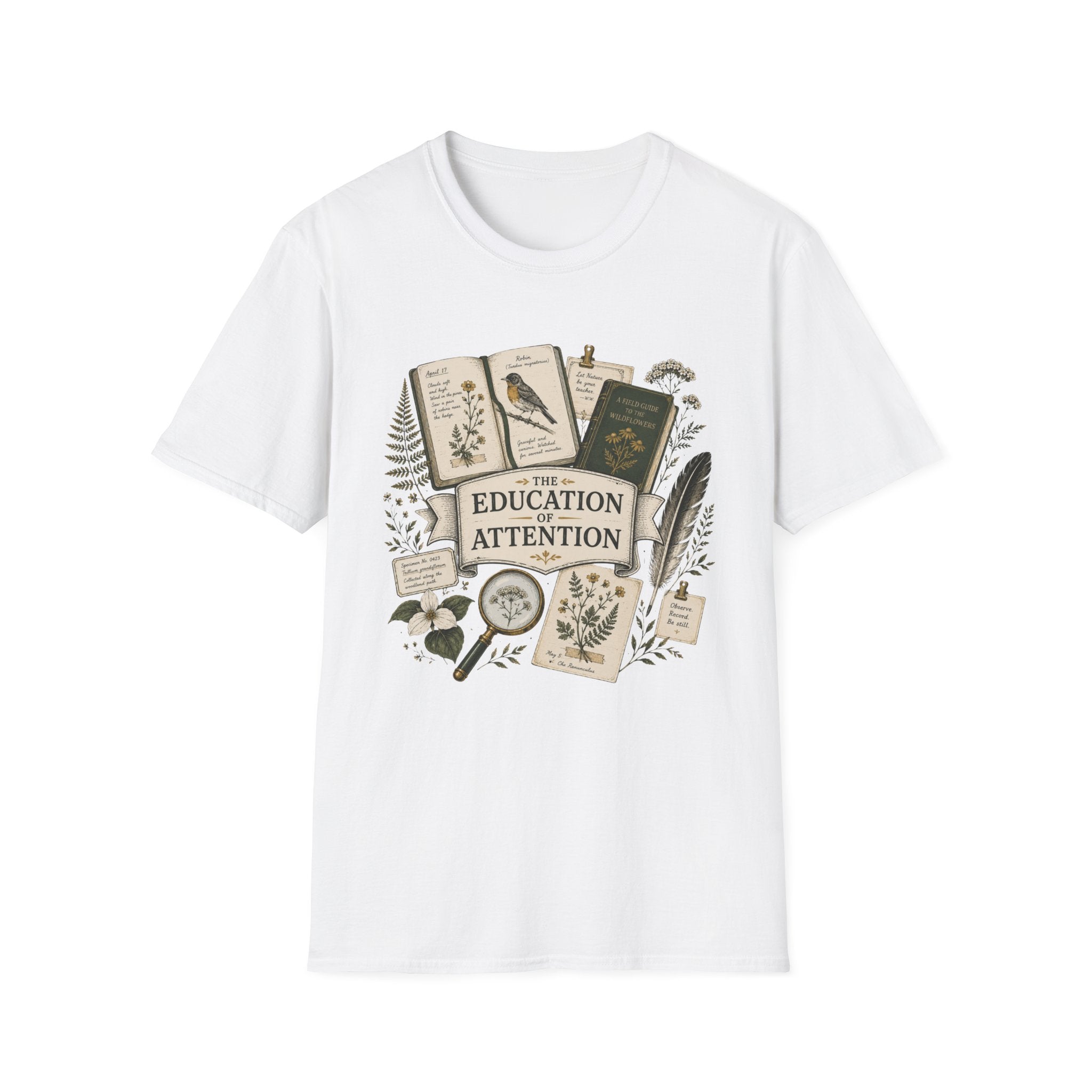 The Education Of Attention homeschool mom graphic t-shirt with a Charlotte Mason-inspired design with books, nature details, and vintage homeschool charm