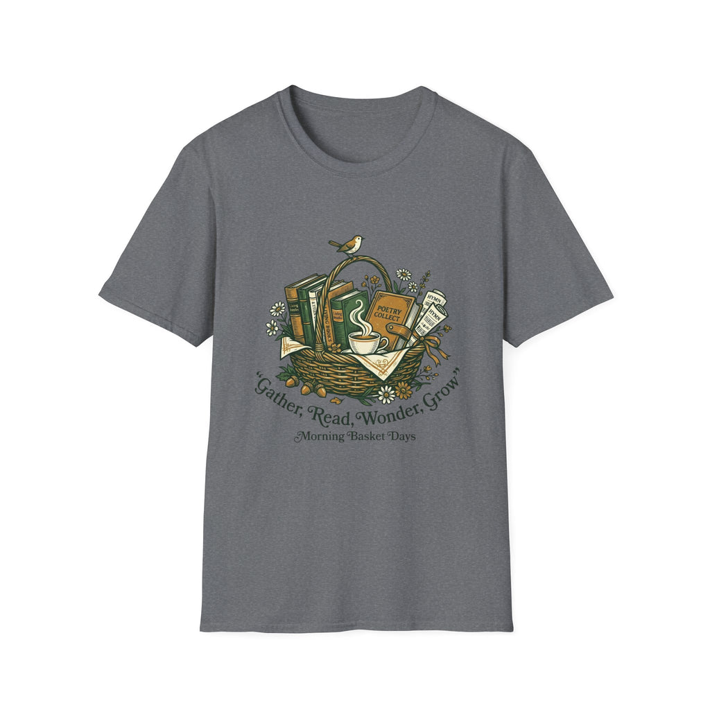 Gather, Read, Wonder, Grow homeschool mom graphic t-shirt with a gathered-at-home inspired graphic with books, florals, and cozy family learning details