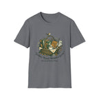 Gather, Read, Wonder, Grow homeschool mom graphic t-shirt with a gathered-at-home inspired graphic with books, florals, and cozy family learning details
