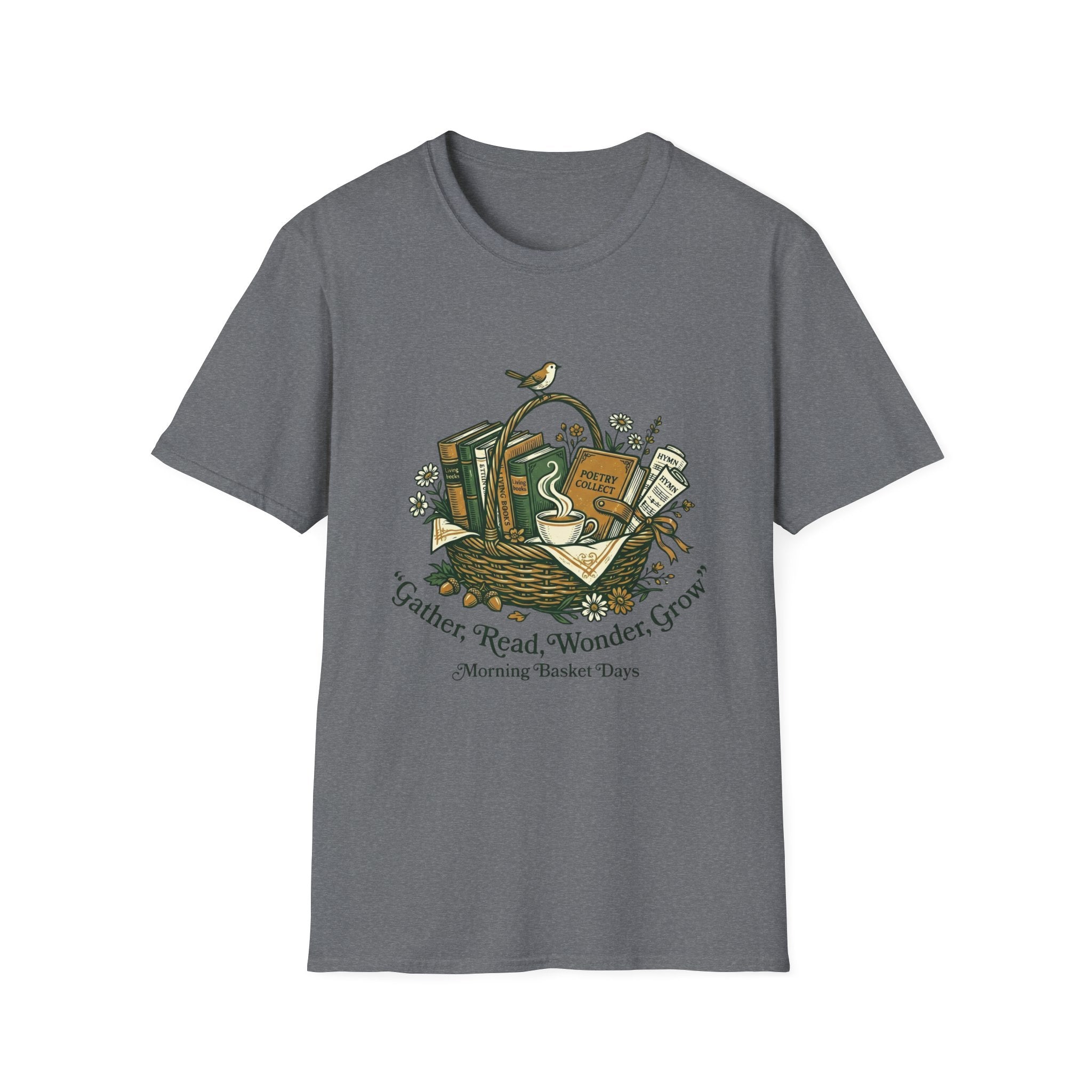 Gather, Read, Wonder, Grow homeschool mom graphic t-shirt with a gathered-at-home inspired graphic with books, florals, and cozy family learning details