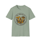 The World Is Our Classroom homeschool mom graphic t-shirt with an adventurous homeschool graphic with nature, books, and outdoor learning energy