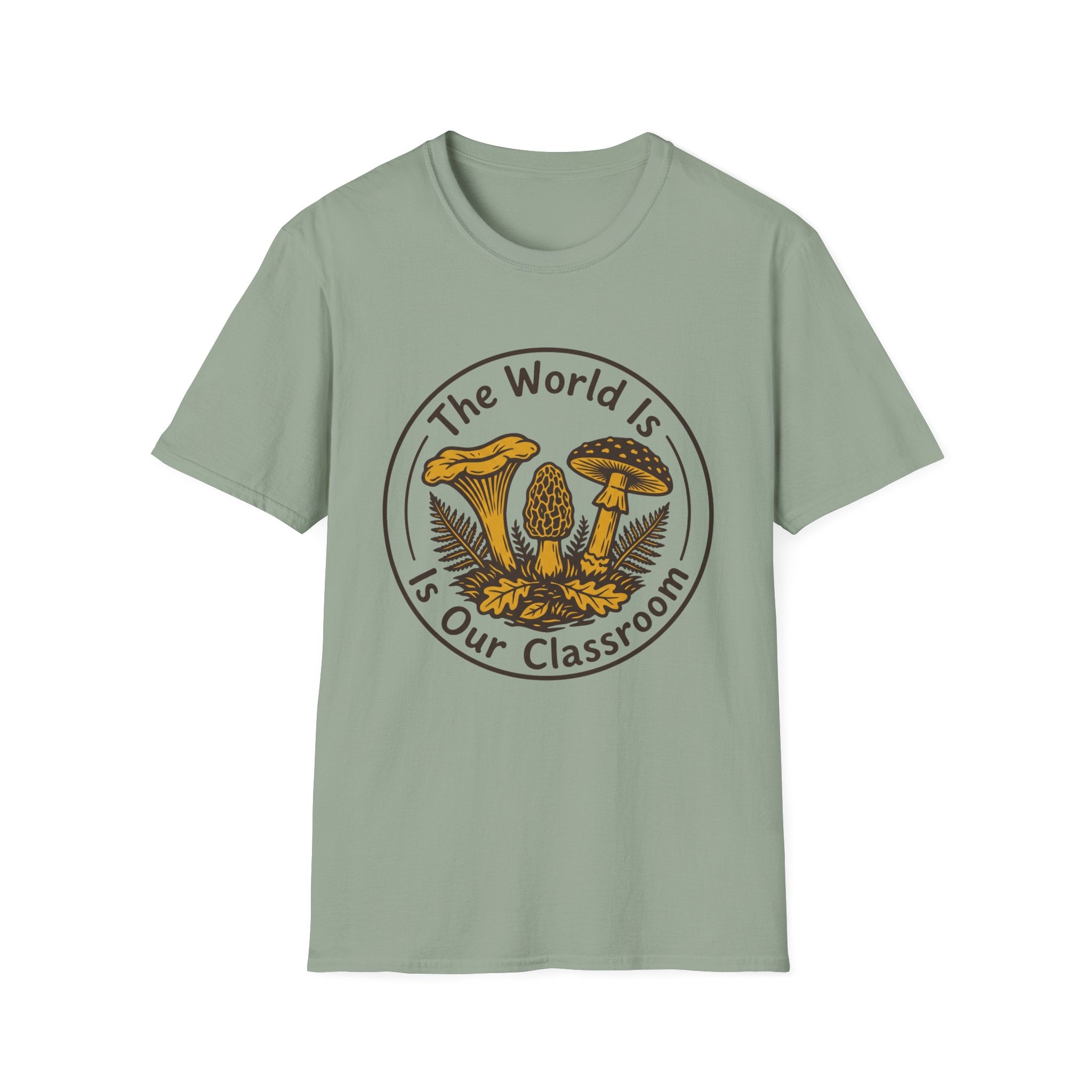The World Is Our Classroom homeschool mom graphic t-shirt with an adventurous homeschool graphic with nature, books, and outdoor learning energy
