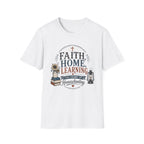 Faith Home Learning homeschool mom graphic t-shirt with a faith-filled homeschool design with gentle lettering and classic illustrative details